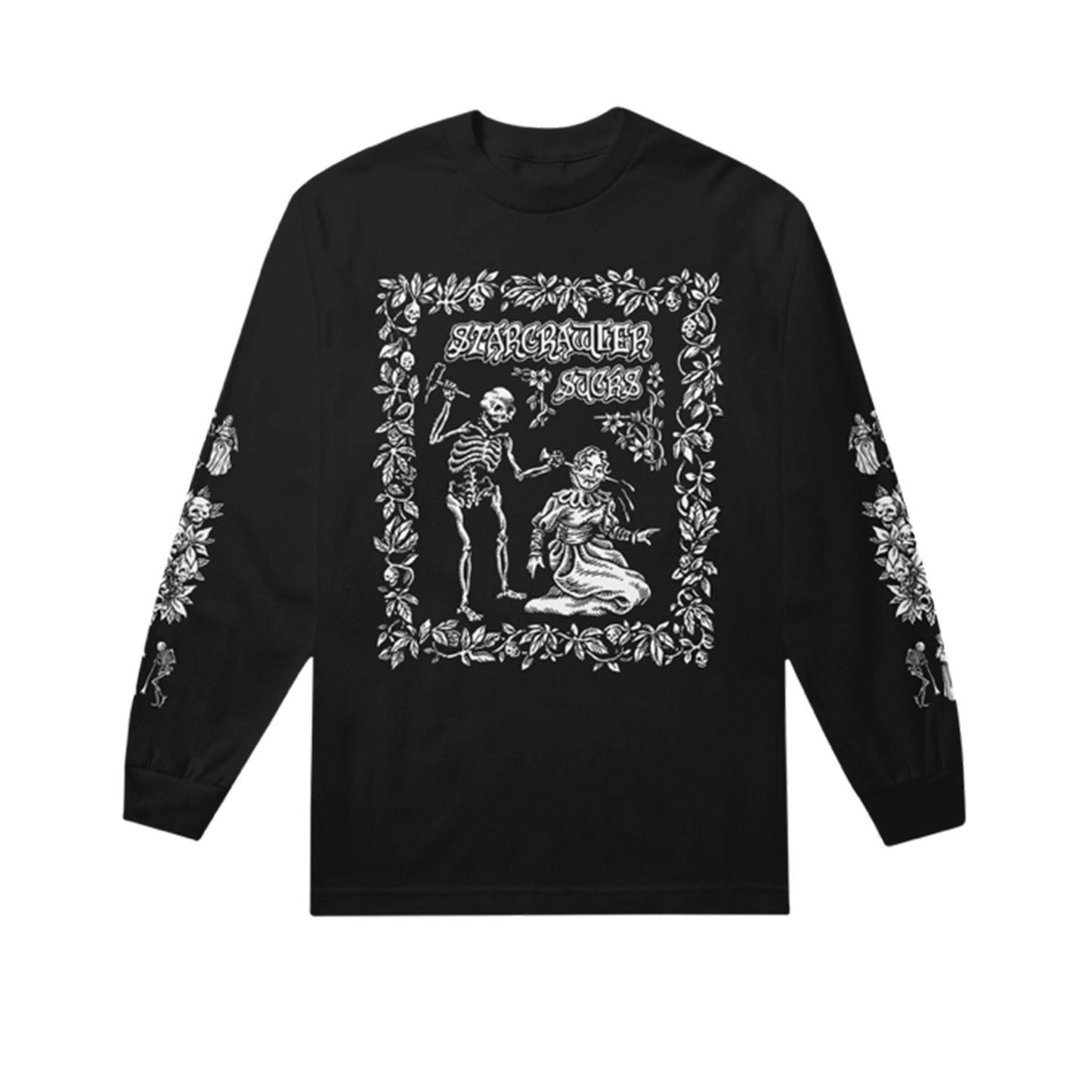 Black Starcrawler long sleeve merch with white illustrations of a standing skeleton and a kneeling figure, ornate floral borders, Starcrawler Sagas on the front, and floral designs down the sleeves.