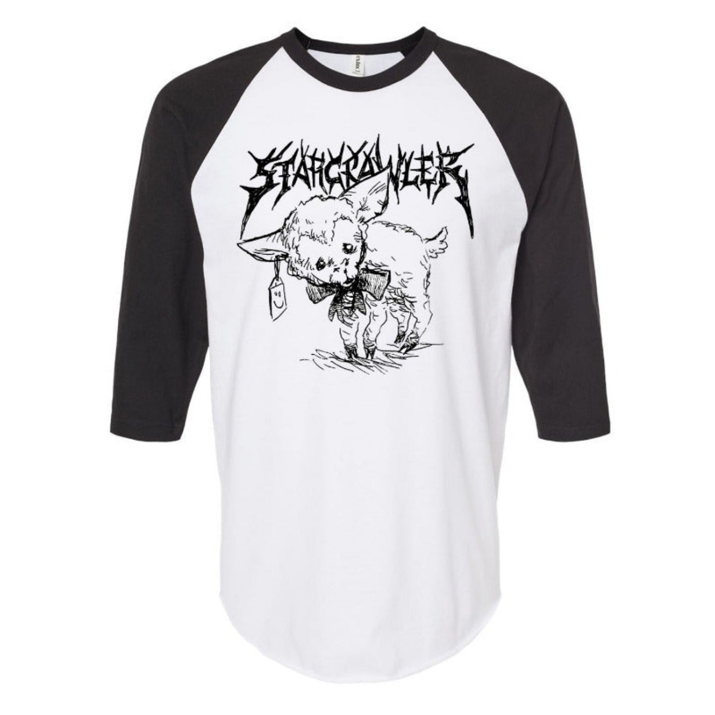image of a white with black sleeve baseball tee shirt on a white background. tee has center chest print in black that says starcrawler with a drawing of a baby lamb