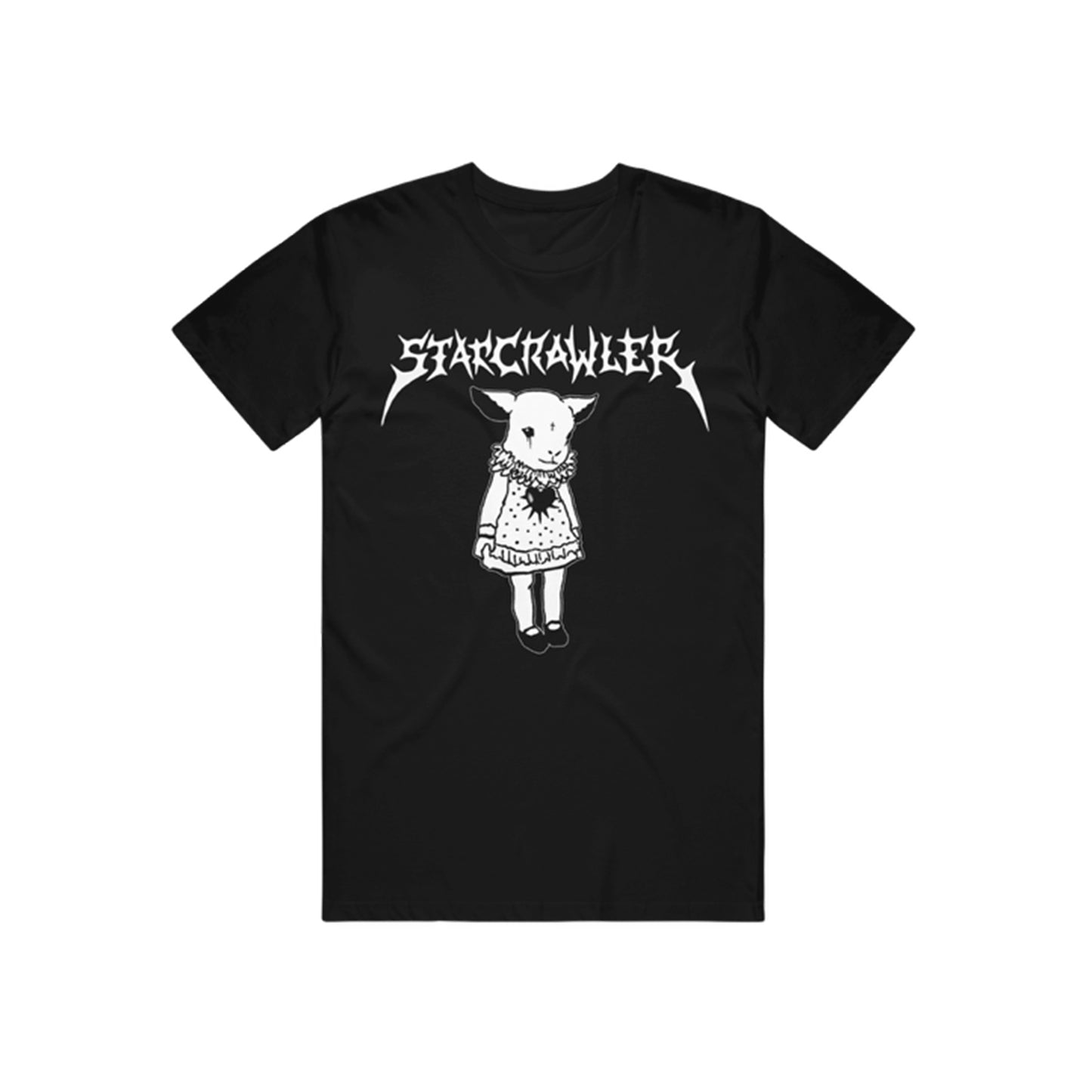 A black Starcrawler T-shirt with the band’s name in jagged white font above a Lamb Doll illustration in a dress and bow, standing upright with a blank expression.