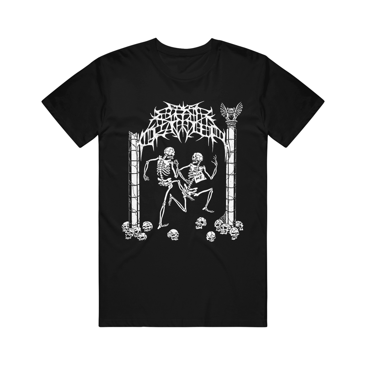 Comfort Colors black t-shirt featuring a white graphic of two skeletons dancing under a gothic arch, with one skeleton wearing a sign that reads KICK ME.