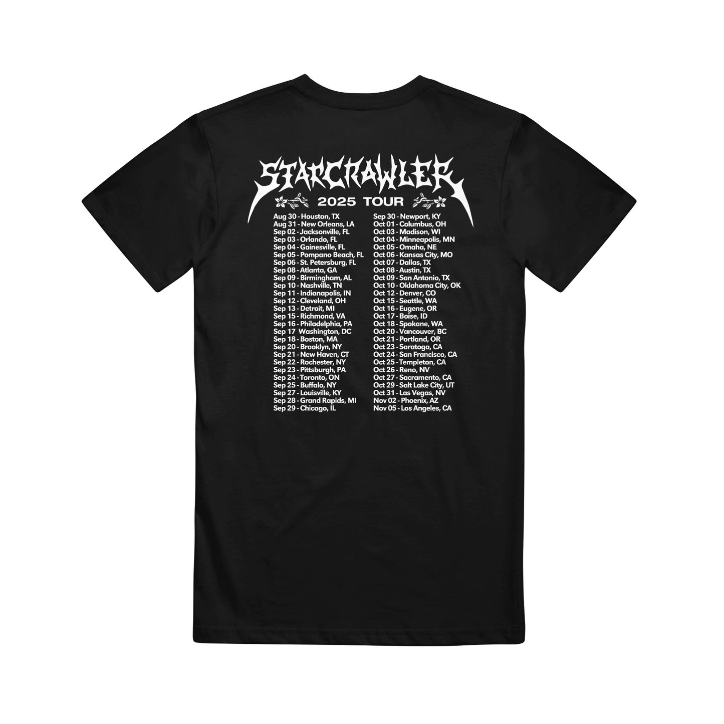 Starcrawler Black Tour T-Shirt with bold white "Nailed Head 2025 Tour" print and a grid listing cities and dates on the back.
