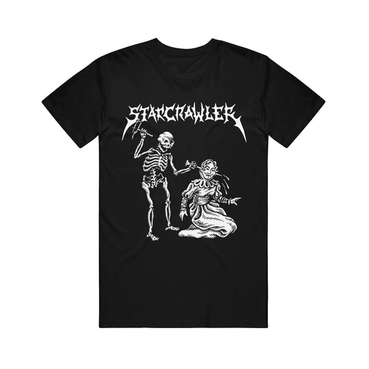 Starcrawler Black T-shirt with a white graphic of standing and kneeling skeletons, "Starcrawler" in jagged font above. Official Nailed Head 2025 Tour merchandise.