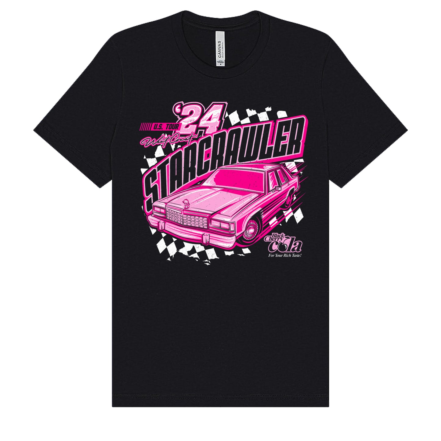 image of a black tee shirt on a white background. tee has center chest print in pink of a car in front of checkerboard print and says us '24 tour starcrawler