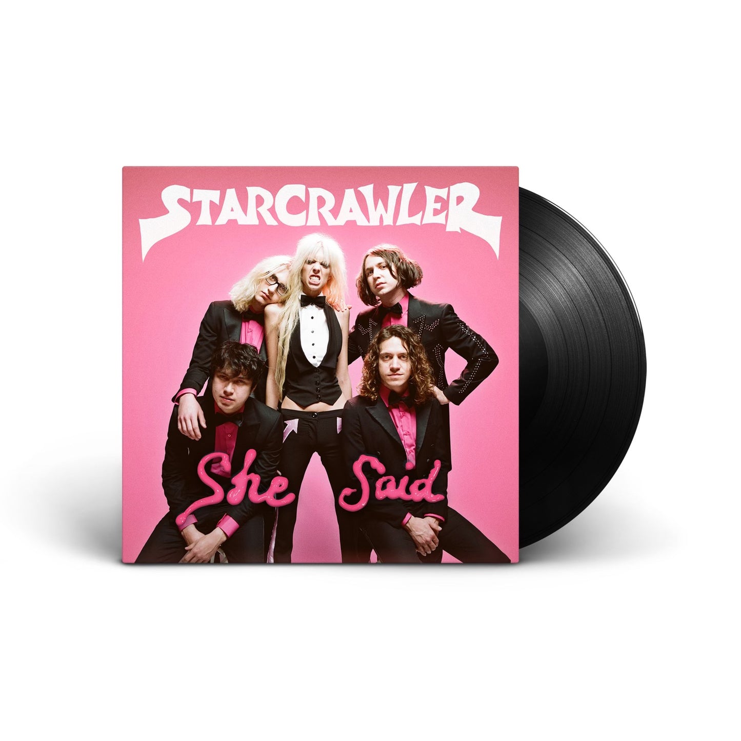 image of a black vinyl record on the right coming out of the sleeve for the album she said by the band starcrawler. album art features the five members of the band in front of a pink backdrop all wearing tuxedos. at the top in white says starcrawler. across the bottom says she said