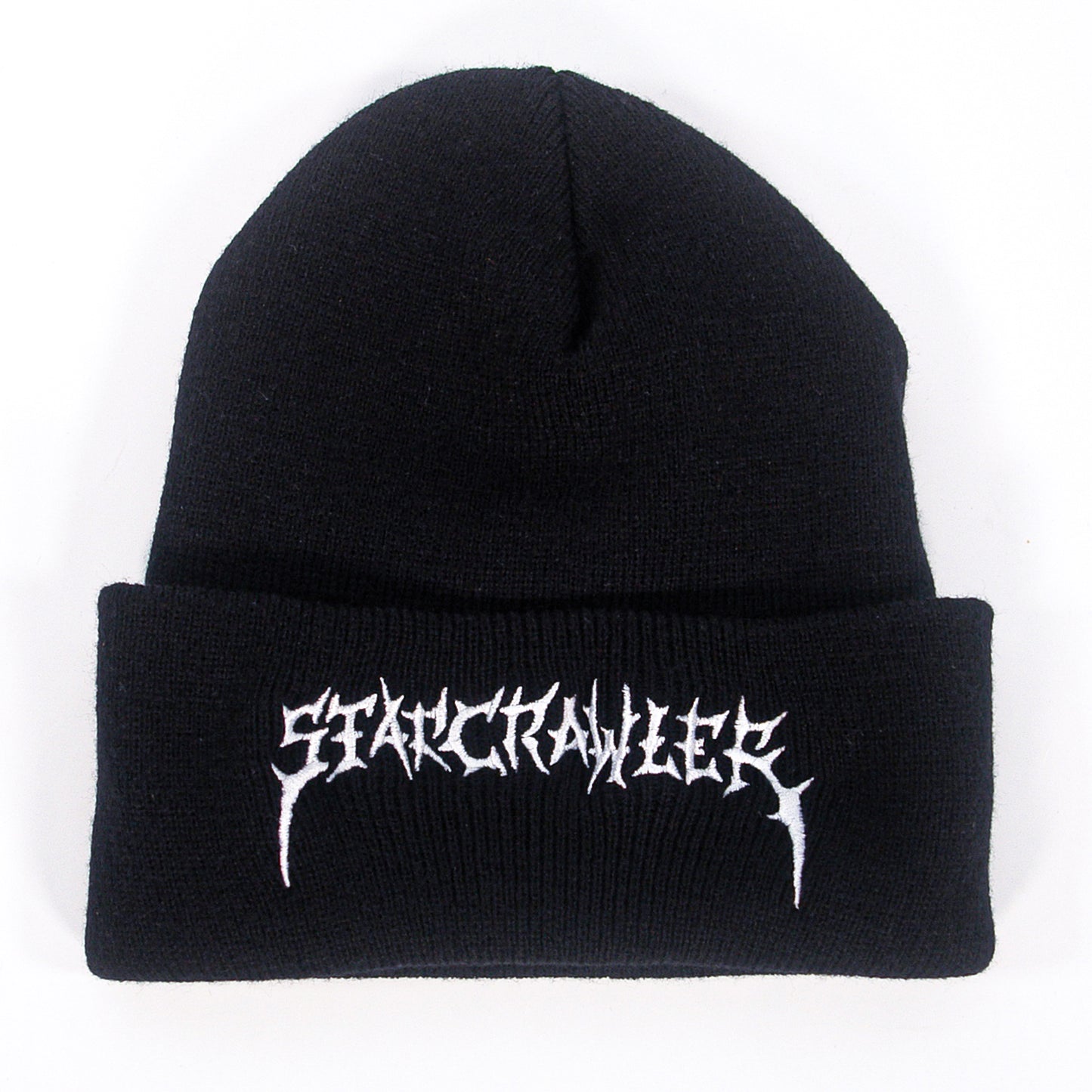 A black cuffed Turbo Acrylic beanie by Starcrawler, featuring "Starcrawler" embroidered in spiky white lettering on the front.