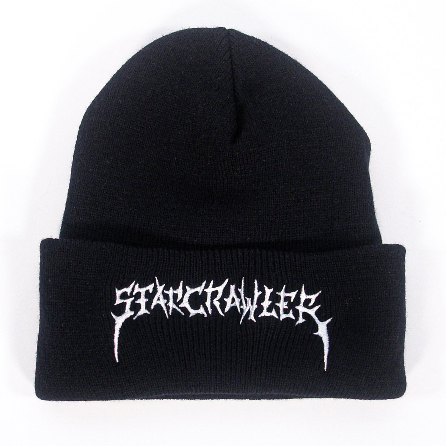 A black cuffed Turbo Acrylic beanie by Starcrawler, featuring "Starcrawler" embroidered in spiky white lettering on the front.