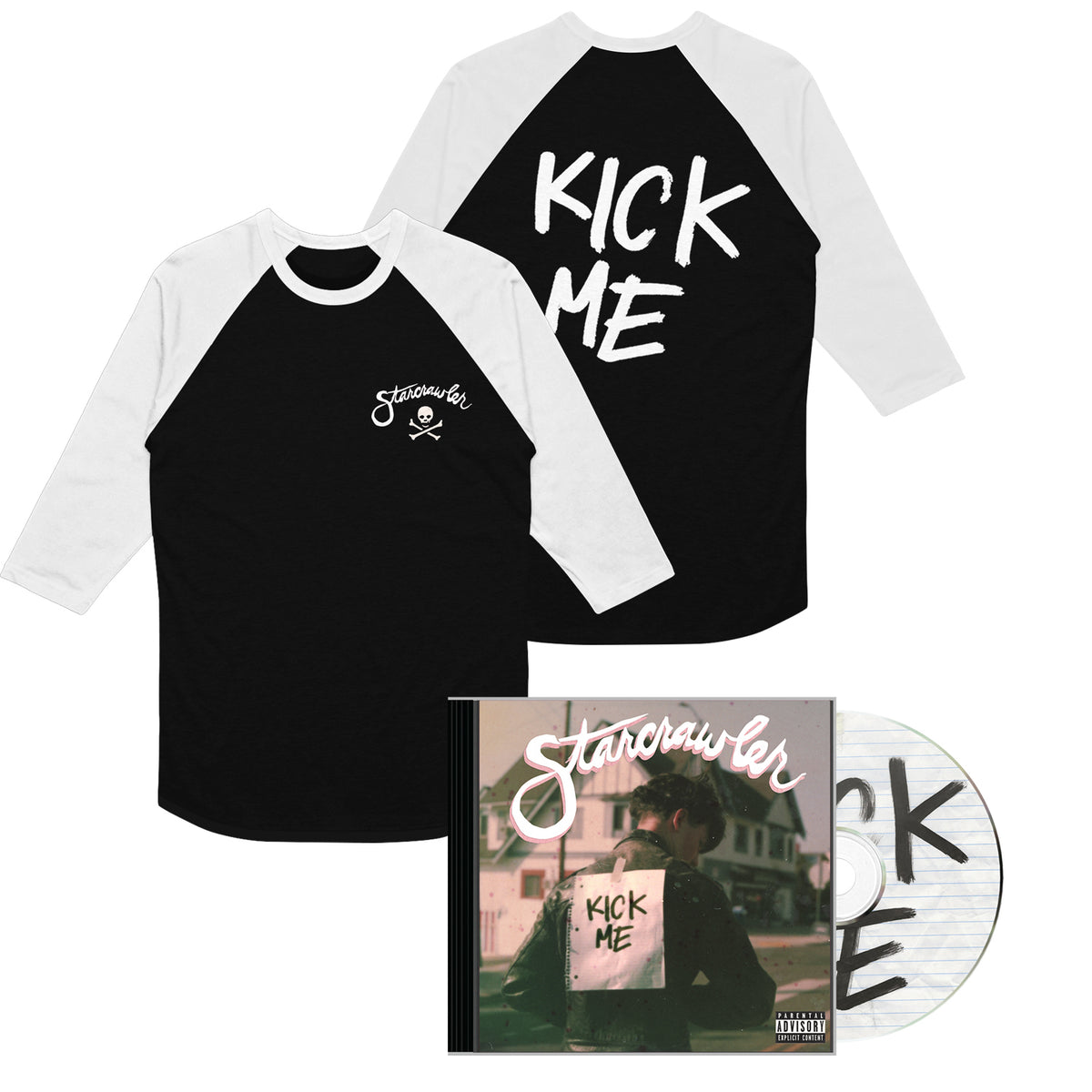 A Starcrawler raglan Tultex baseball-style t-shirt featuring a KICK ME graphic on the back and logo on the front, displayed with the KICK ME album CD and case.