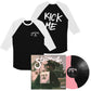 Two Tultex raglan baseball-style shirts, a signed Starcrawler Kick Me album cover, and a vinyl record.