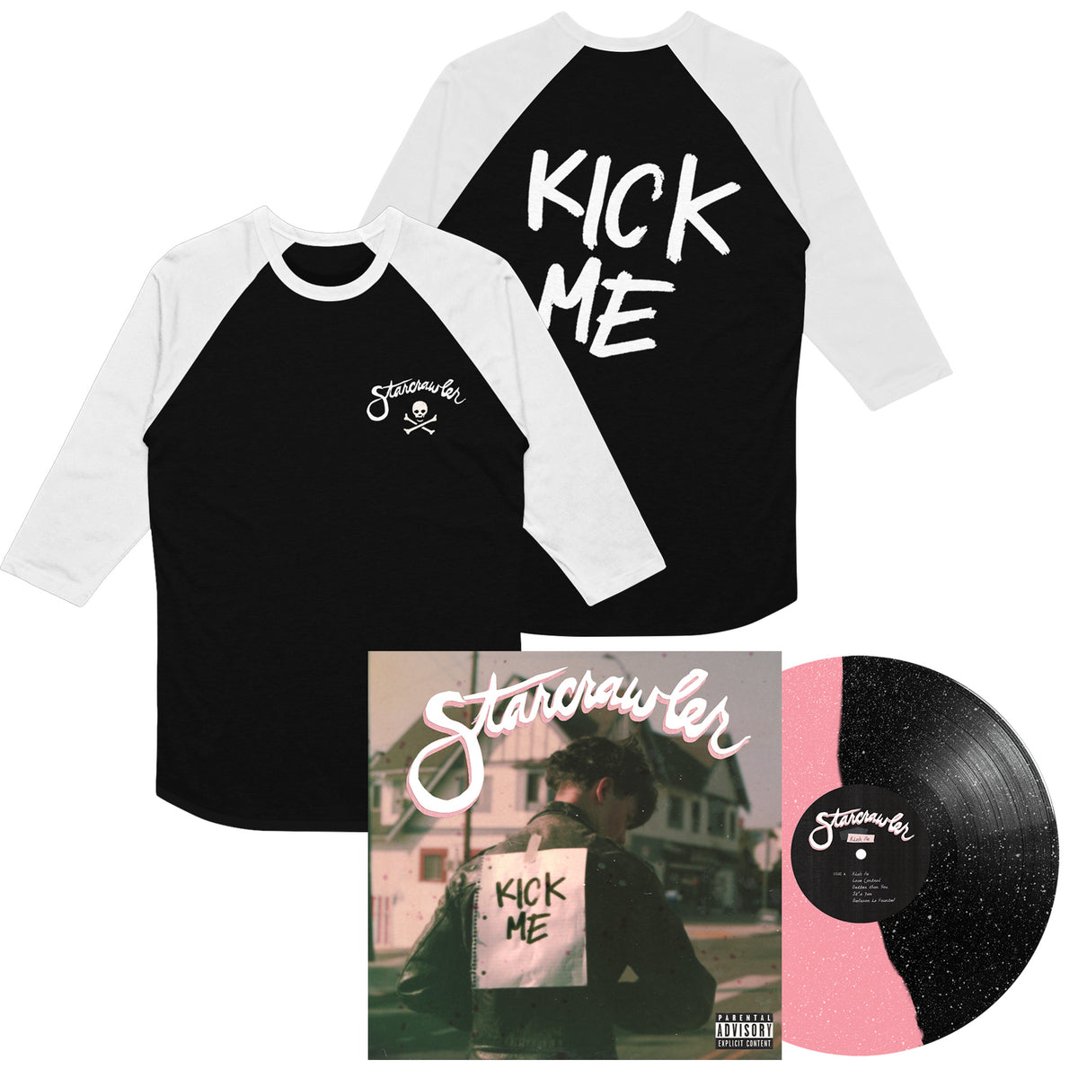 Two Tultex raglan baseball-style shirts, a signed Starcrawler Kick Me album cover, and a vinyl record.