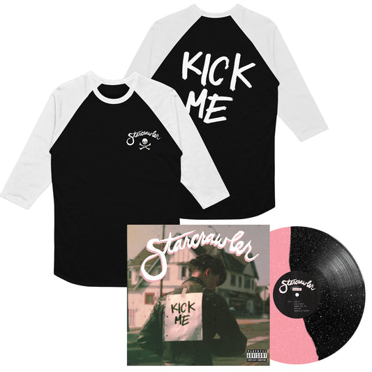 Two Tultex raglan baseball-style shirts, a signed Starcrawler Kick Me album cover, and a vinyl record.