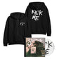 A black Independent Trading Company zip-up hoodie featuring the Starcrawler logo on the chest and KICK ME on the back, displayed with the signed Kick Me album CD and case.