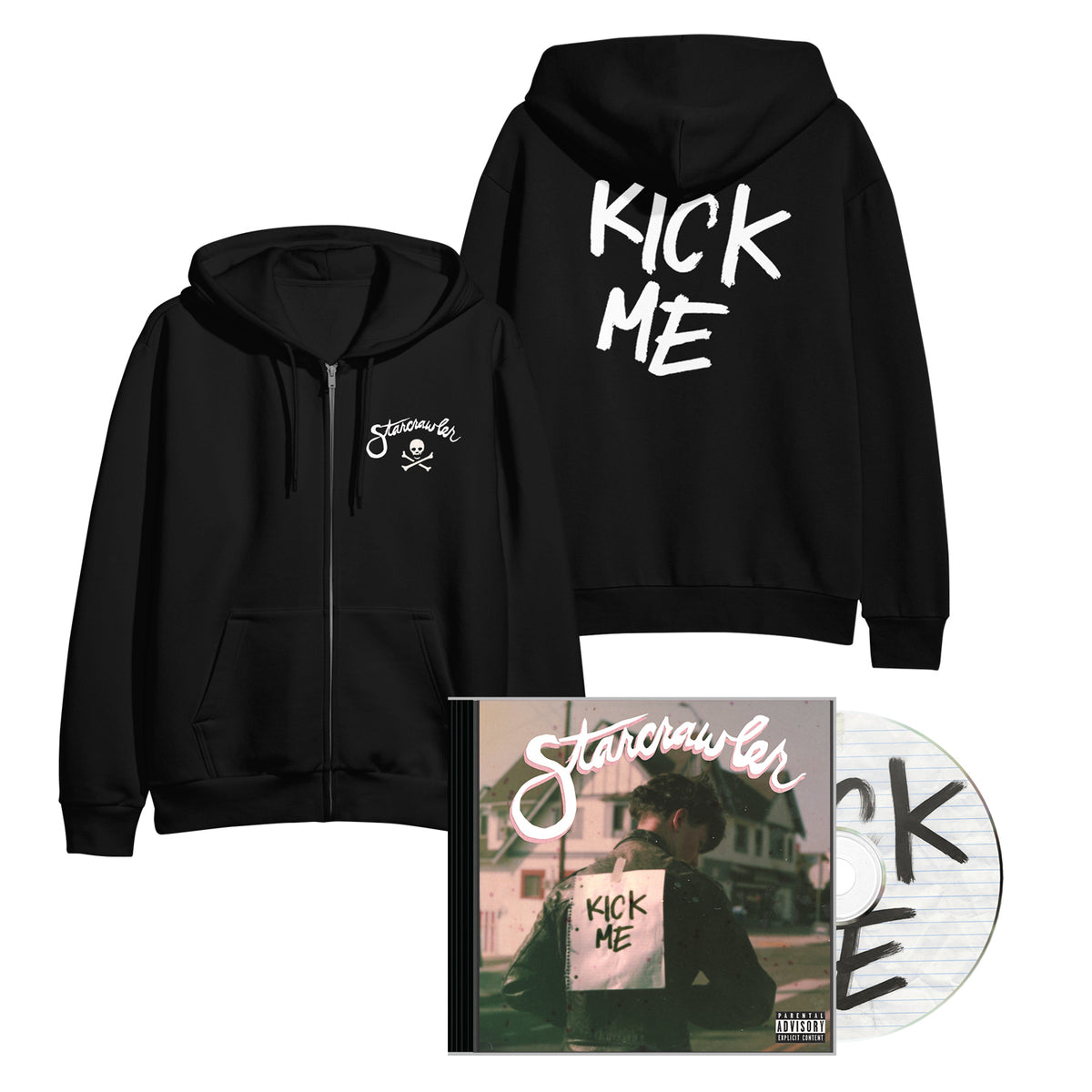 A black Independent Trading Company zip-up hoodie featuring the Starcrawler logo on the chest and KICK ME on the back, displayed with the signed Kick Me album CD and case.