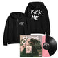 A black Independent Trading Company zip-up hoodie featuring a Starcrawler logo on the front and KICK ME on the back, accompanied by the signed Starcrawler Kick Me album cover and a split-color black and pink vinyl record.
