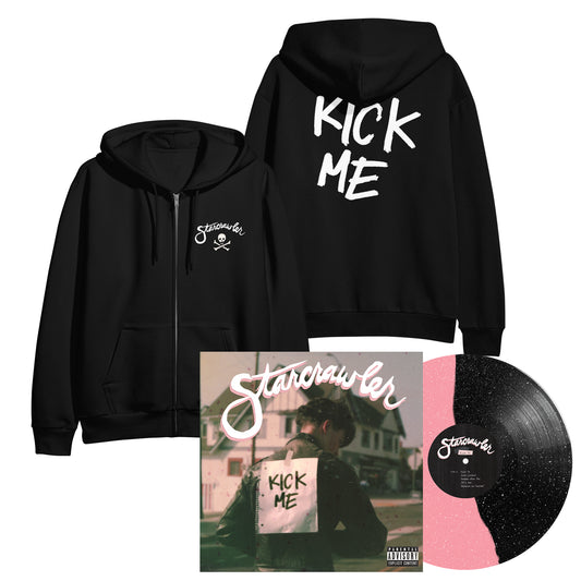 A black Independent Trading Company zip-up hoodie featuring a Starcrawler logo on the front and KICK ME on the back, accompanied by the signed Starcrawler Kick Me album cover and a split-color black and pink vinyl record.
