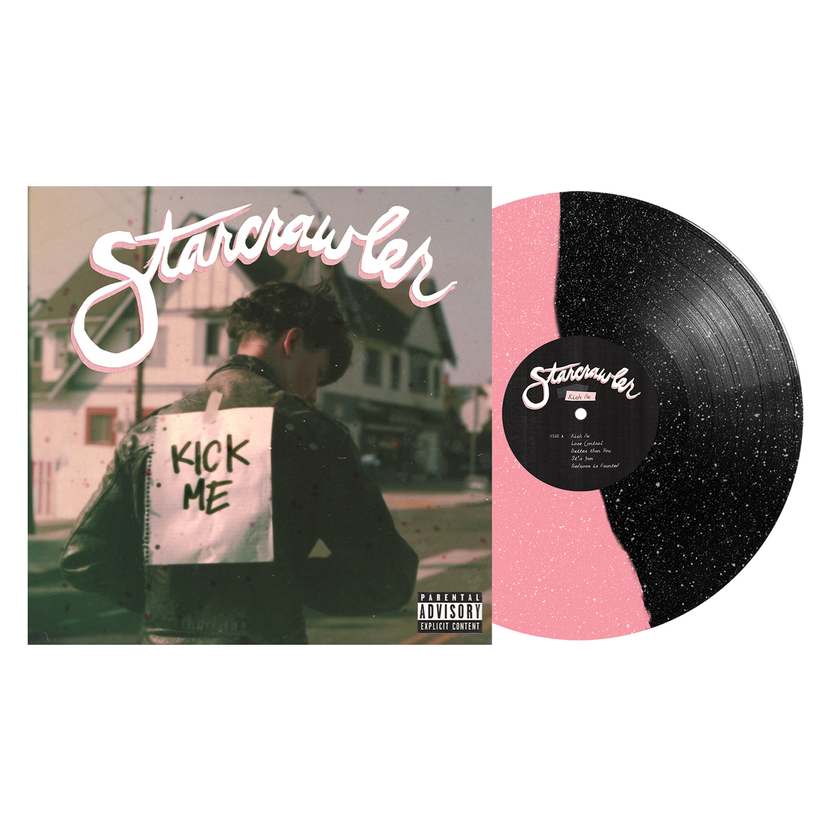 Starcrawler Kick Me vinyl record album cover and matching pink and black speckled vinyl disc, ideal for music collectors.