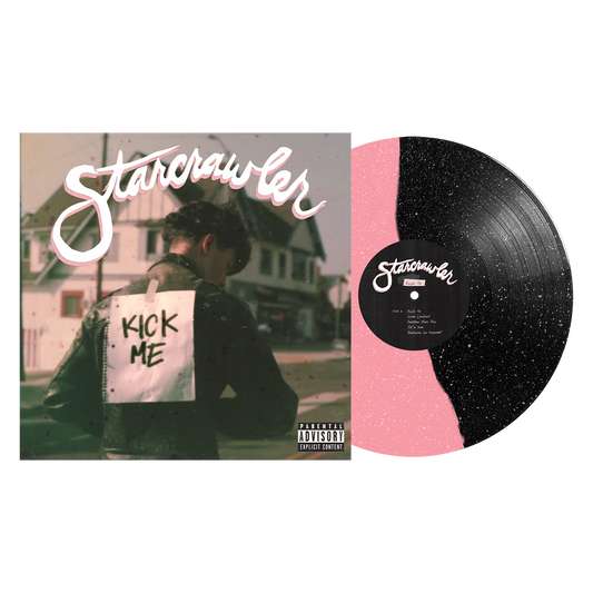 Starcrawler Kick Me vinyl record album cover and matching pink and black speckled vinyl disc, ideal for music collectors.