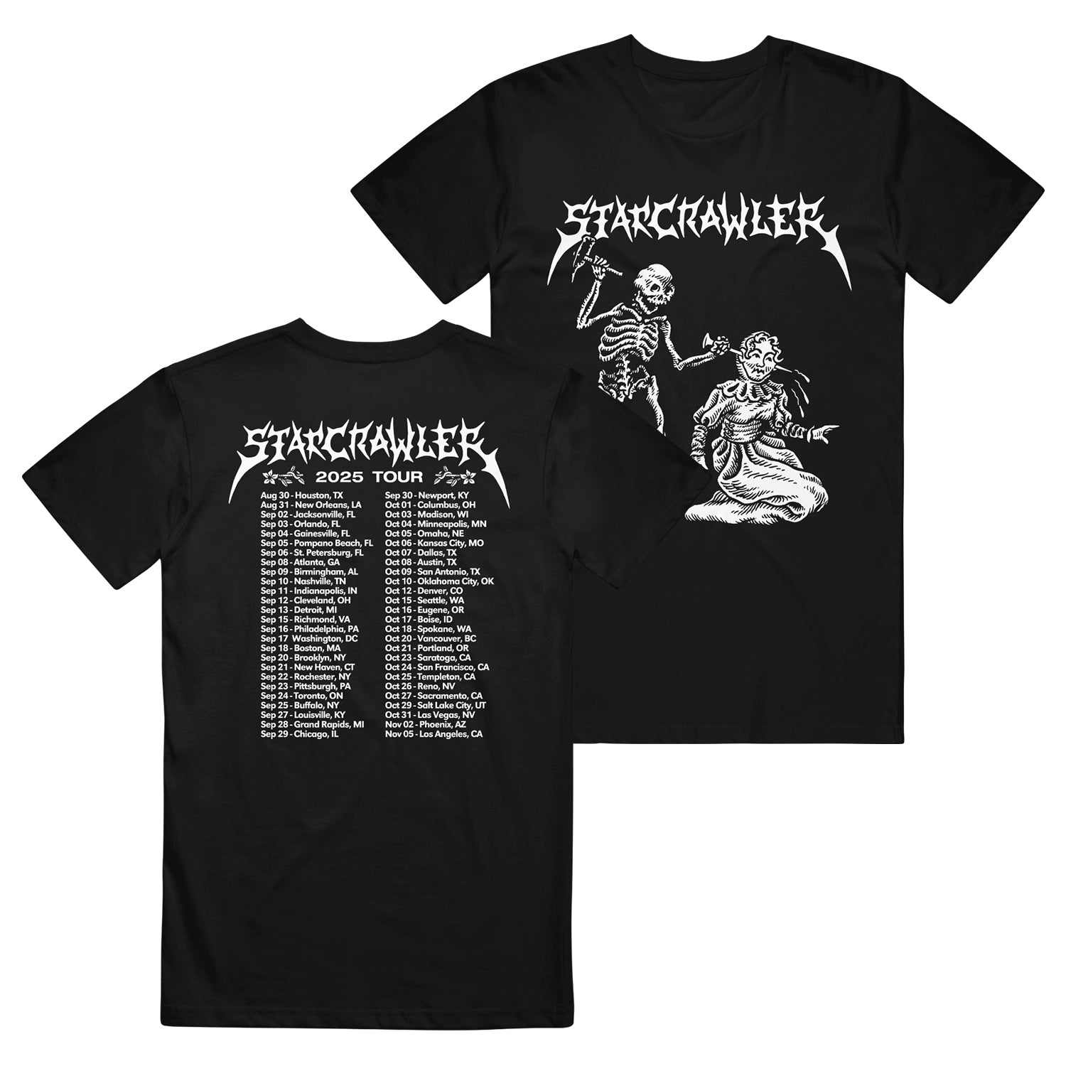 Black T-Shirt by Starcrawler with Starchild's logo, skeleton, and kneeling figure on the front. The back displays Nailed Head 2025 tour dates and cities in bold white under the band’s logo—the must-have Tour Tee for fans.