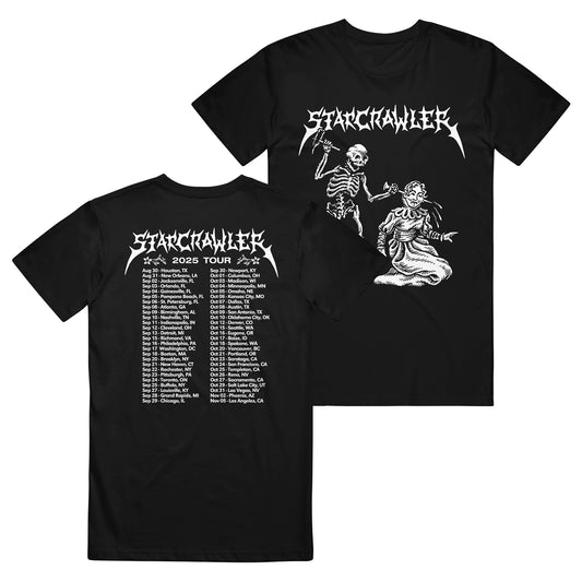 Black T-Shirt by Starcrawler with Starchild's logo, skeleton, and kneeling figure on the front. The back displays Nailed Head 2025 tour dates and cities in bold white under the band’s logo—the must-have Tour Tee for fans.