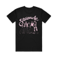 Black Comfort Colors t-shirt featuring a pink printed graphic of the band Starcrawler and the word Starcrawler in script lettering.