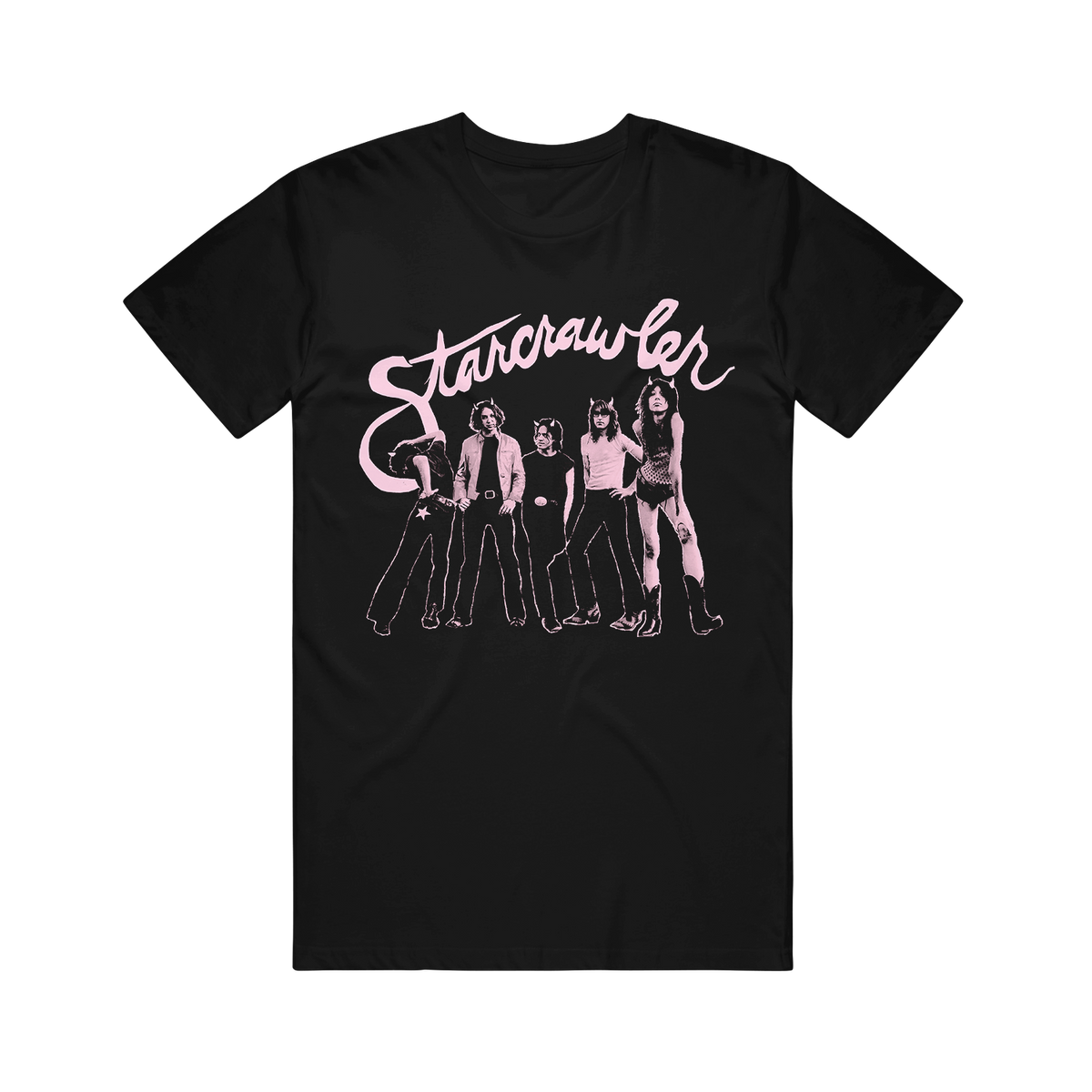 Black Comfort Colors t-shirt featuring a pink printed graphic of the band Starcrawler and the word Starcrawler in script lettering.