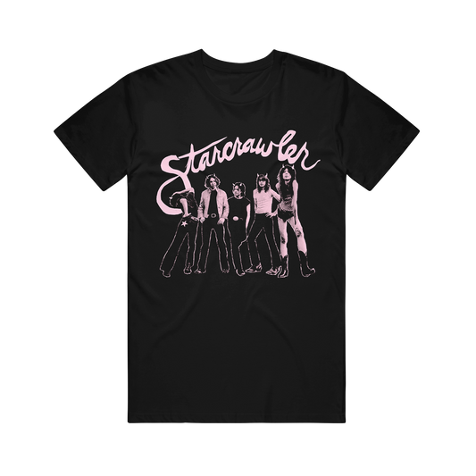 Black Comfort Colors t-shirt featuring a pink printed graphic of the band Starcrawler and the word Starcrawler in script lettering.