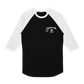Black and white Tultex baseball-style shirt featuring a white Starcrawler logo and a skull and crossbones graphic on the chest of this printed t-shirt.