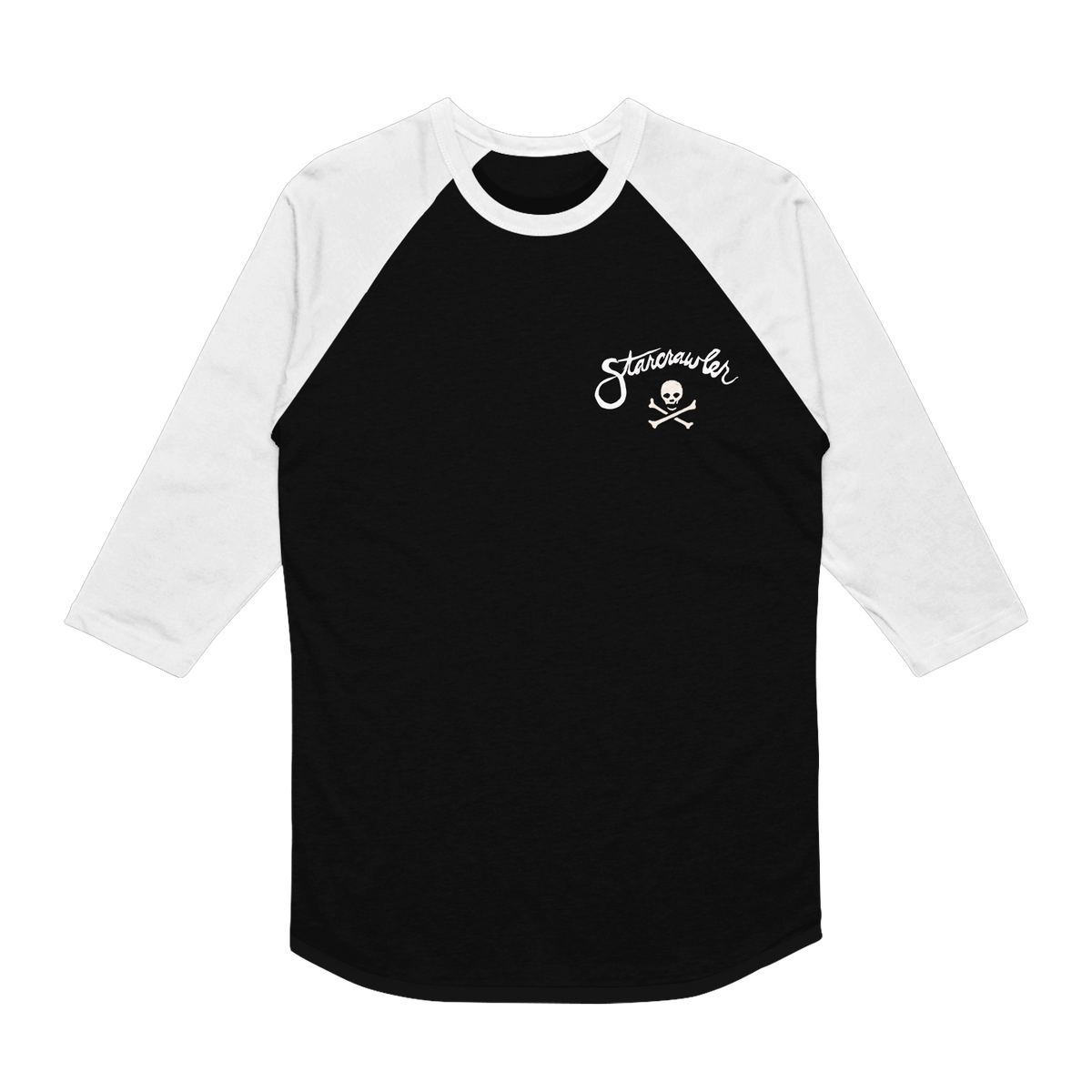Black and white Tultex baseball-style shirt featuring a white Starcrawler logo and a skull and crossbones graphic on the chest of this printed t-shirt.