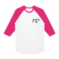 Gildan white baseball tee with pink three-quarter sleeves, featuring a black Starcrawler logo and skull icon printed t-shirt design on the left chest.