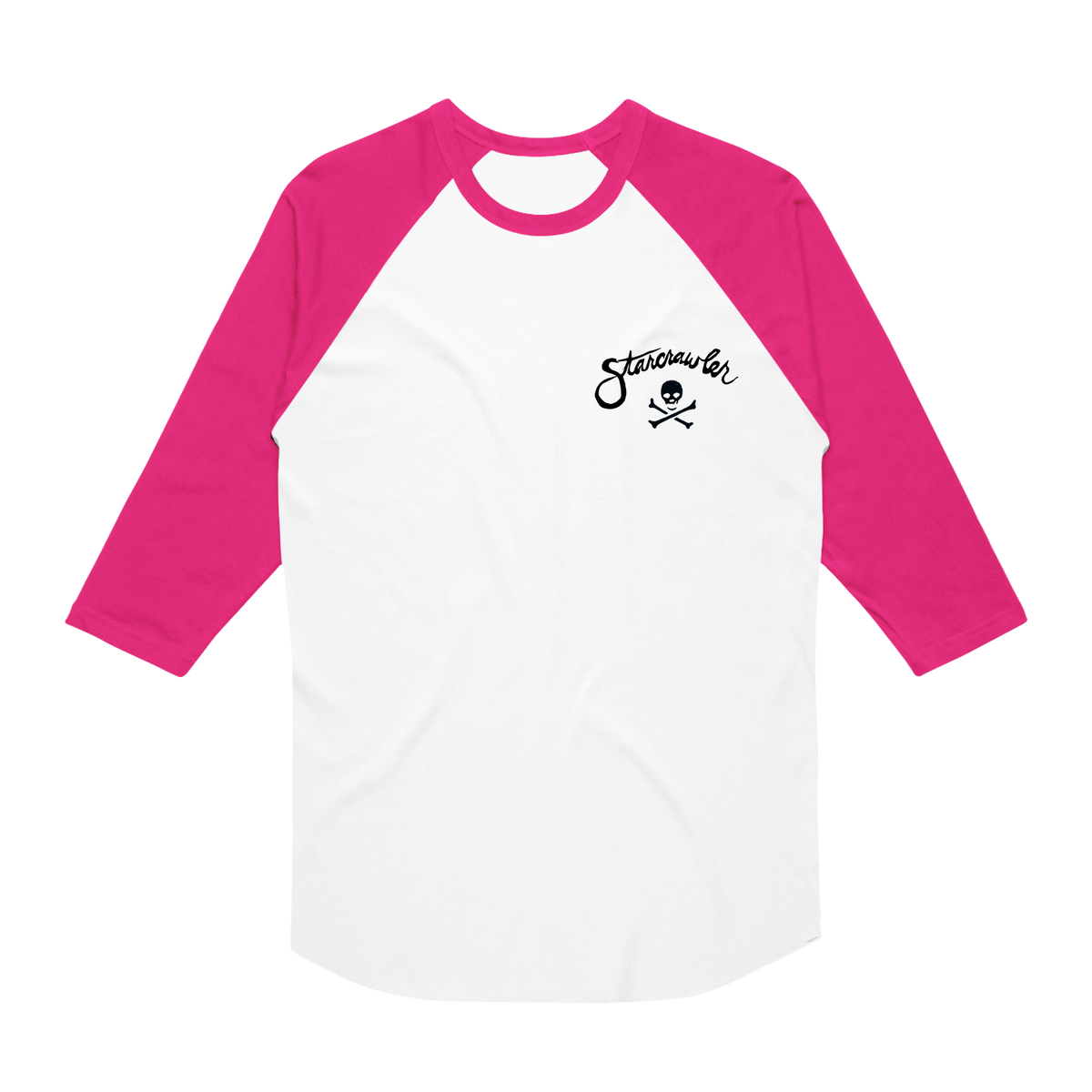 Gildan white baseball tee with pink three-quarter sleeves, featuring a black Starcrawler logo and skull icon printed t-shirt design on the left chest.
