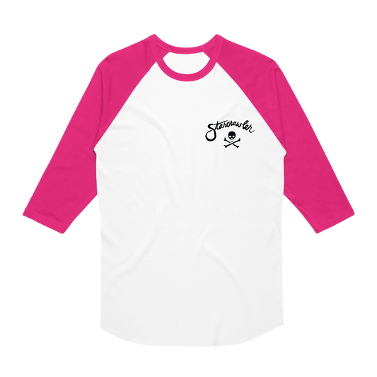 Gildan white baseball tee with pink three-quarter sleeves, featuring a black Starcrawler logo and skull icon printed t-shirt design on the left chest.