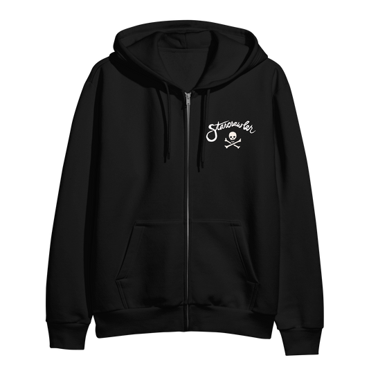 Black Independent Trading Company zip-up hoodie featuring a white Starcrawler logo and a skull and crossbones emblem on the left chest.