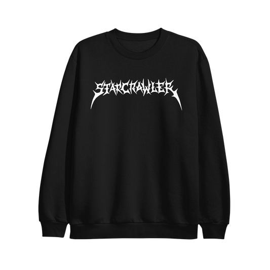 Black crewneck sweatshirt by Independent Trading Company with the word Starcrawler printed in white metal-style lettering on the chest.