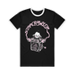 Black Tultex ringer t-shirt featuring a pink and white printed graphic of a clown popping out of a jack-in-the-box, with the text Starcrawler and I’m like a clown without the paint.