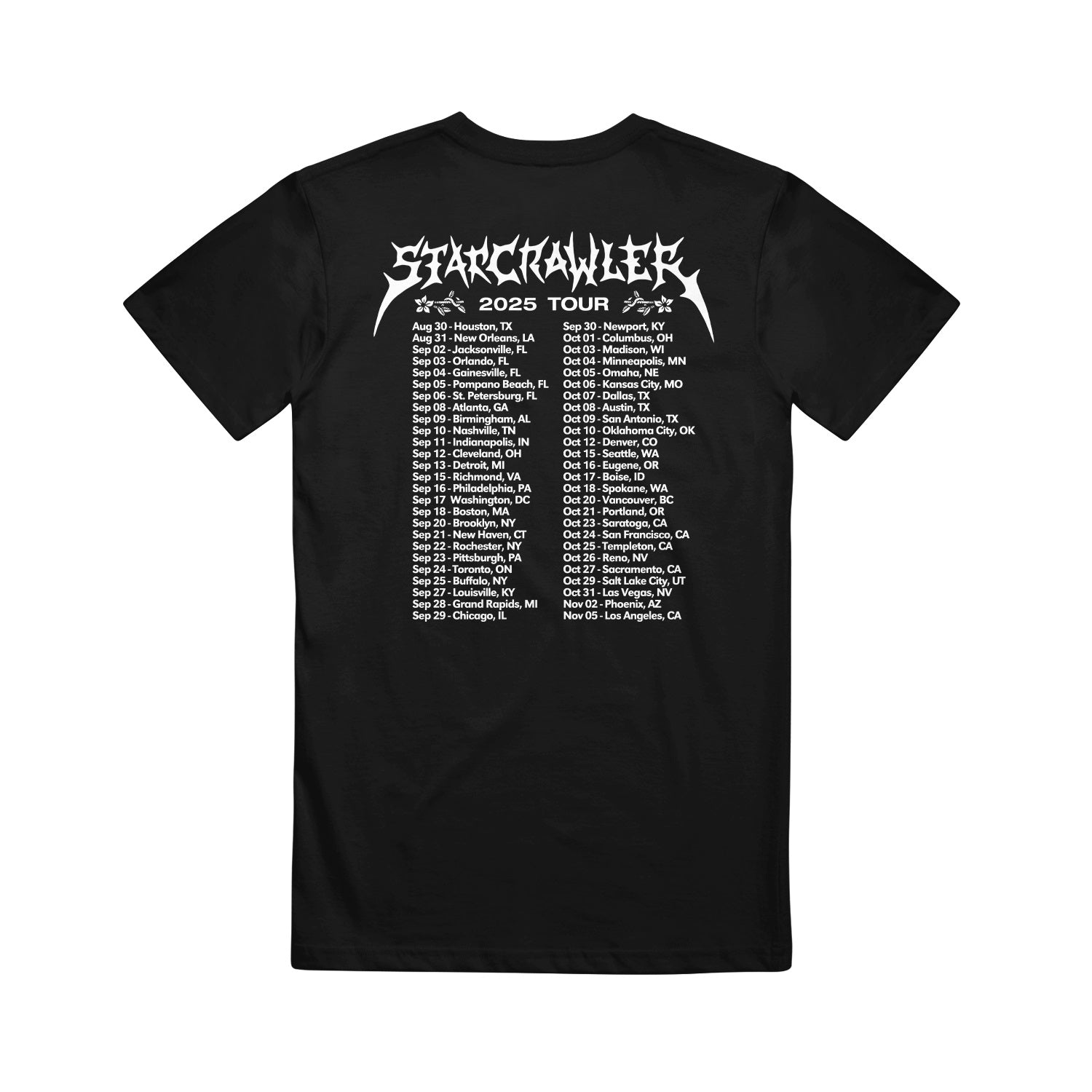 Starcrawler Black Tour T-Shirt with bold white "Nailed Head 2025 Tour" print and a grid listing cities and dates on the back.