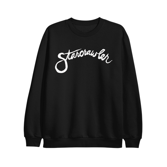 Black Independent Trading Company crewneck sweatshirt with the word Starcrawler printed in white cursive script on the chest.