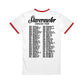 Starcrawler White Red Ringer Tee with red trim, bold black "2025/26 Someone Loves Me Tour" lettering on front, and four-column list of tour dates and cities on the back.