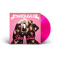 image of a neon pink vinyl record on the right coming out of the sleeve for the album she said by the band starcrawler. album art features the five members of the band in front of a pink backdrop all wearing tuxedos. at the top in white says starcrawler. across the bottom says she said