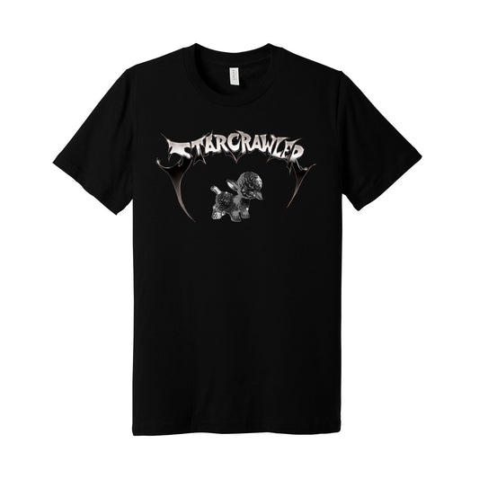 image of a black tee shirt on a white background. front of tee has a center chest print of a chrome lamb. in chrome font at the top says starcrawler
