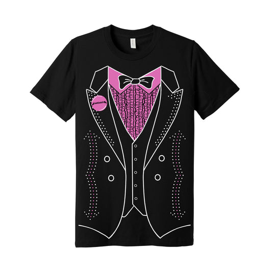 image of a black tee on a white background. tee has full body print to look like a tuxedo with a pink shirt, black tie, vest and opened jacket. small pink circle to represent a button on the left lapel that says starcrawler